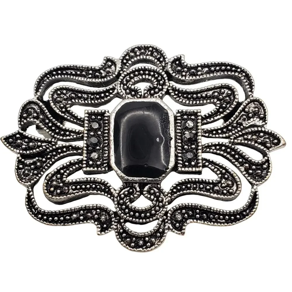 Black Enamel Silver Tone Brooch Faux Marcasite Pin‎ Vintage 1970s Jewelry